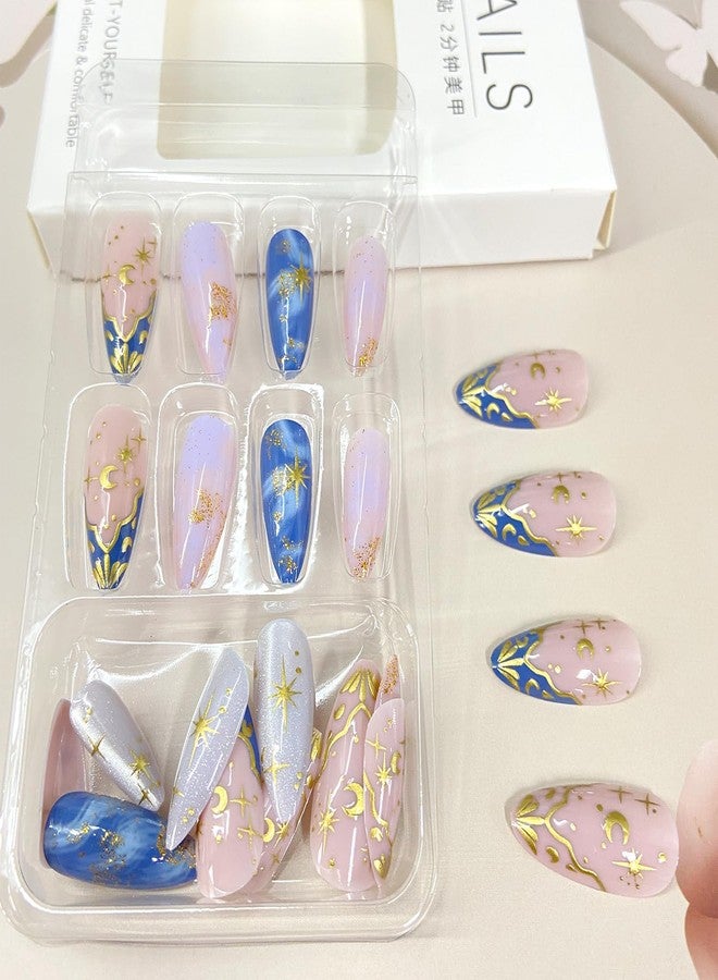 Vopintpy Gold Star Moon French Tip Press on Nails Gold Foil Cat Eye Fake Nails with Design Glossy Long Almond Artificial Stick on Nail Full Cover Acrylic Glue on Nail for Women DIY Manicure - Image 4